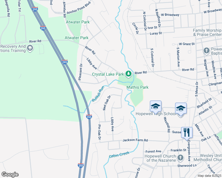 map of restaurants, bars, coffee shops, grocery stores, and more near 251 Bull Run Drive in Hopewell