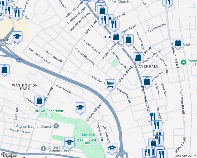 map of restaurants, bars, coffee shops, grocery stores, and more near 2815 Courtland Road Northwest in Roanoke
