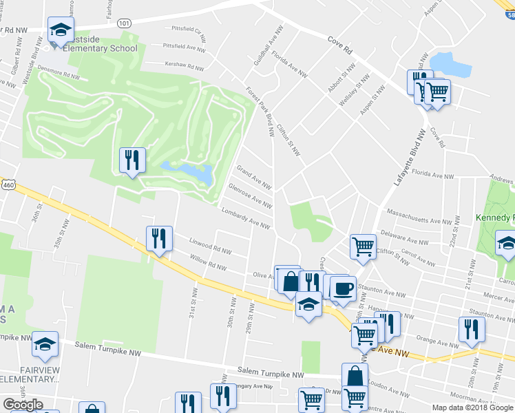 map of restaurants, bars, coffee shops, grocery stores, and more near 2922 Glenrose Avenue Northwest in Roanoke