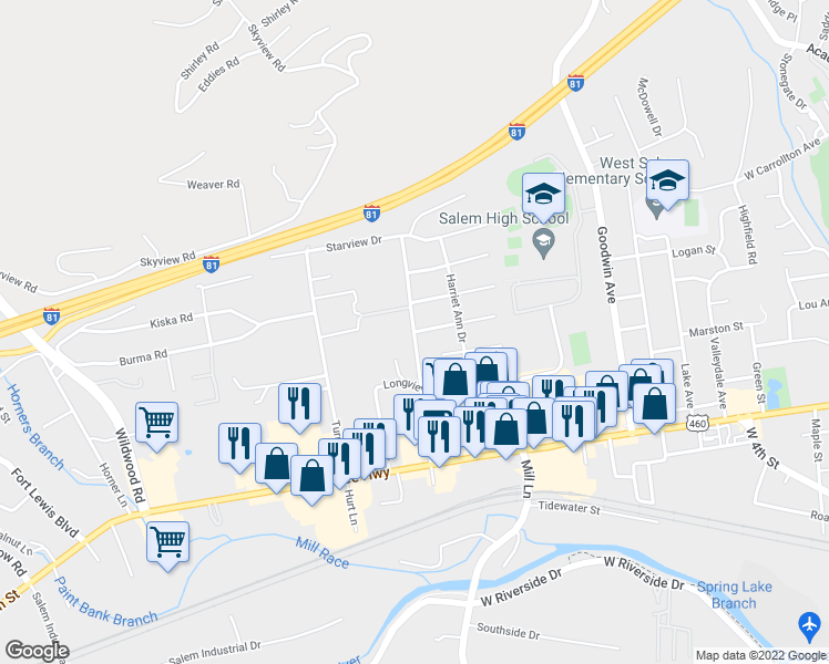 map of restaurants, bars, coffee shops, grocery stores, and more near 1598 Azalea Street in Salem