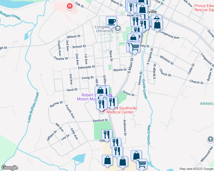 map of restaurants, bars, coffee shops, grocery stores, and more near 718 Griffin Boulevard in Farmville