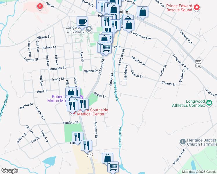 map of restaurants, bars, coffee shops, grocery stores, and more near 704 Vernon Street in Farmville