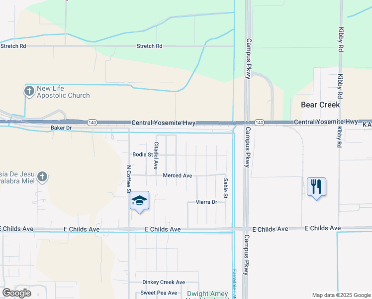map of restaurants, bars, coffee shops, grocery stores, and more near 348 Arpen Court in Merced