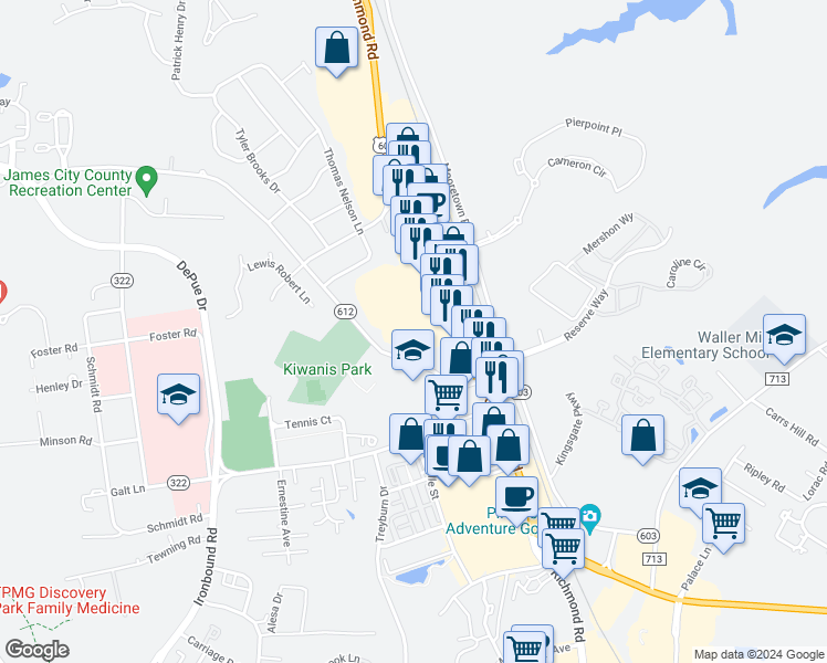 map of restaurants, bars, coffee shops, grocery stores, and more near 1628 Richmond Road in Williamsburg