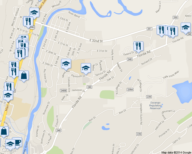 map of restaurants, bars, coffee shops, grocery stores, and more near 902 Spruce Drive in Durango
