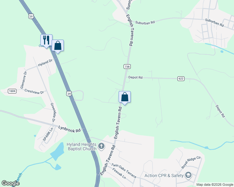 map of restaurants, bars, coffee shops, grocery stores, and more near 689 English Tavern Road in Rustburg