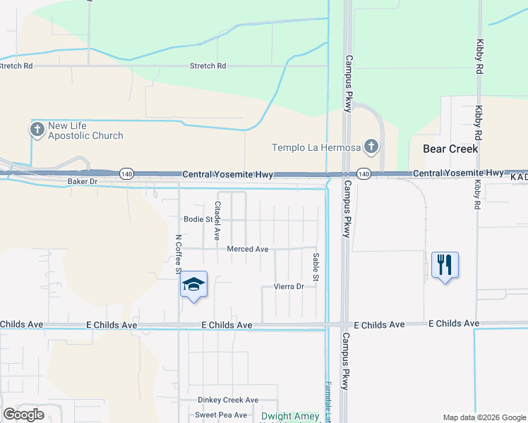 map of restaurants, bars, coffee shops, grocery stores, and more near 334 Arpent Court in Merced