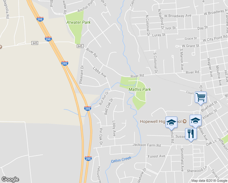 map of restaurants, bars, coffee shops, grocery stores, and more near 313 Bull Run Drive in Hopewell