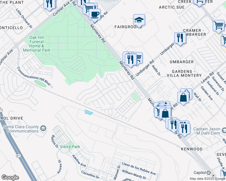 map of restaurants, bars, coffee shops, grocery stores, and more near 460 Chateau La Salle Drive in San Jose