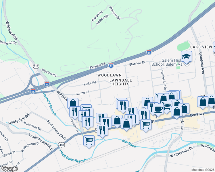 map of restaurants, bars, coffee shops, grocery stores, and more near 1855 Burma Road in Salem