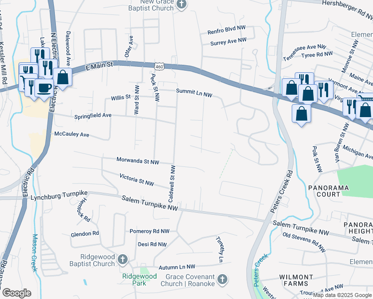 map of restaurants, bars, coffee shops, grocery stores, and more near 828 Brownwood Drive Northwest in Roanoke