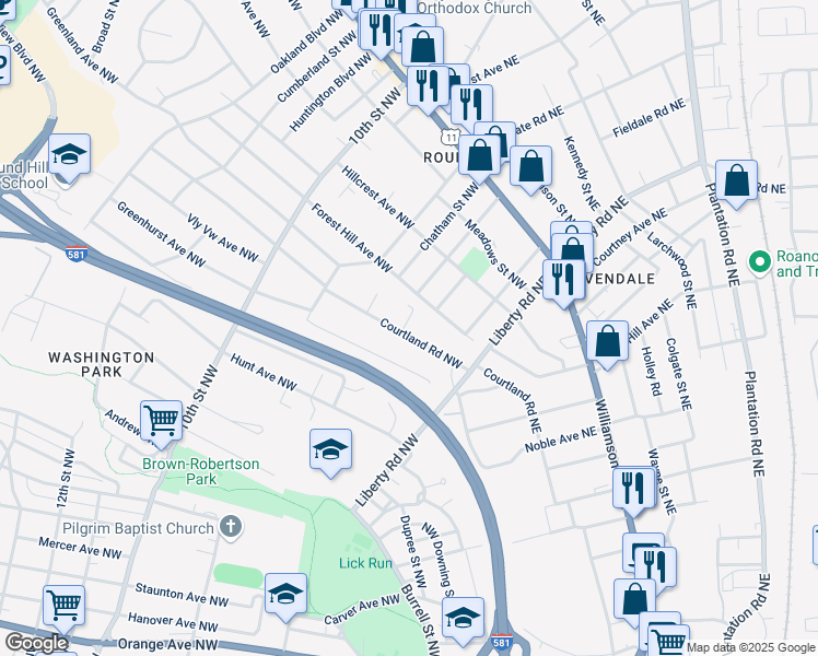 map of restaurants, bars, coffee shops, grocery stores, and more near 2815 Courtland Road Northwest in Roanoke