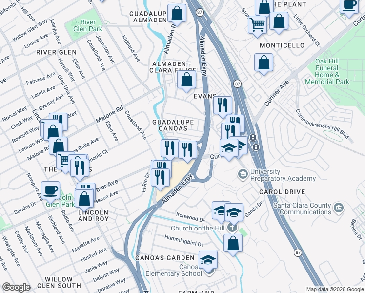 map of restaurants, bars, coffee shops, grocery stores, and more near 2282 Almaden Road in San Jose