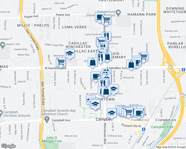 map of restaurants, bars, coffee shops, grocery stores, and more near 410 Dunster Drive in Campbell