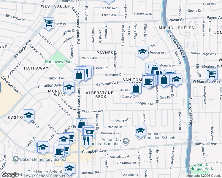 map of restaurants, bars, coffee shops, grocery stores, and more near 1640 Cloverdale Lane in San Jose