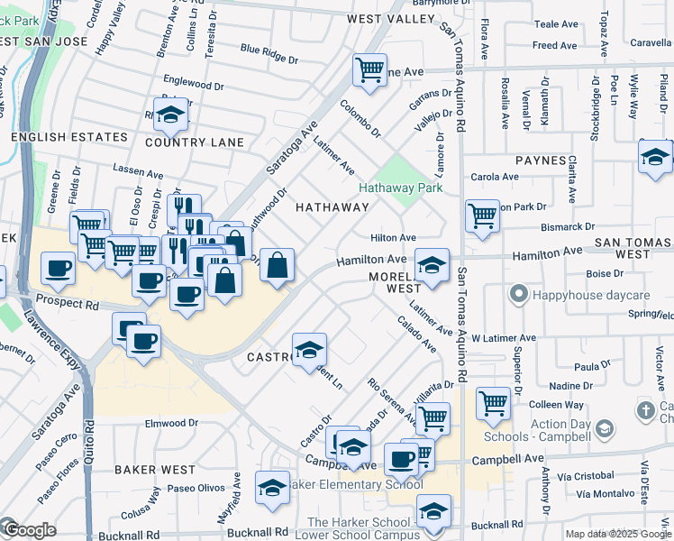 map of restaurants, bars, coffee shops, grocery stores, and more near 1639 Duvall Drive in San Jose