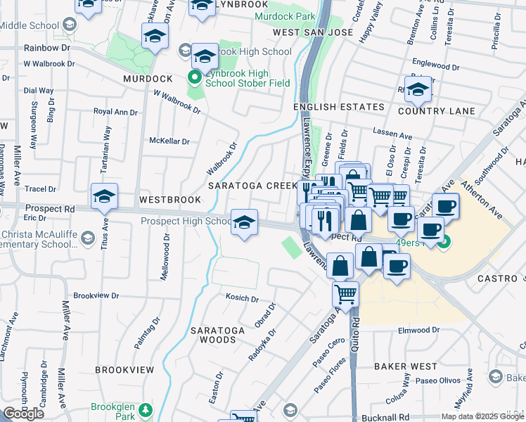 map of restaurants, bars, coffee shops, grocery stores, and more near 5475 Prospect Road in San Jose