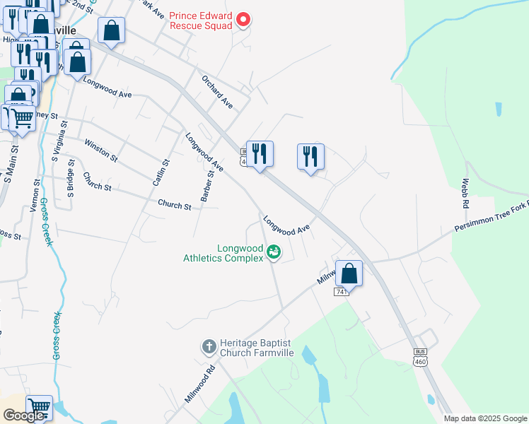 map of restaurants, bars, coffee shops, grocery stores, and more near 1310 Longwood Avenue in Farmville