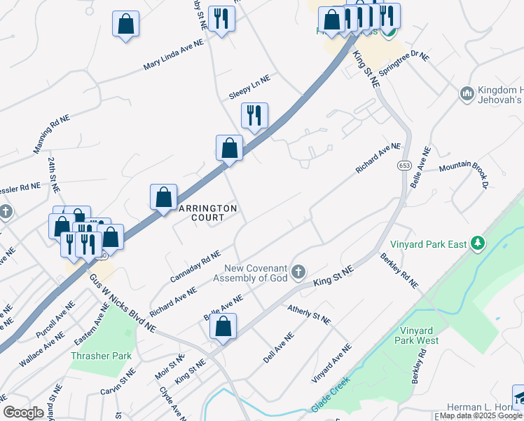 map of restaurants, bars, coffee shops, grocery stores, and more near 2926 Cannaday Road Northeast in Roanoke