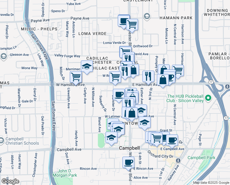 map of restaurants, bars, coffee shops, grocery stores, and more near 410 Dunster Drive in Campbell