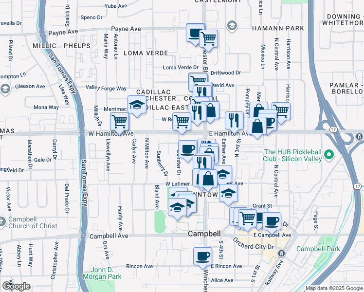 map of restaurants, bars, coffee shops, grocery stores, and more near 430 Dunster Drive in Campbell