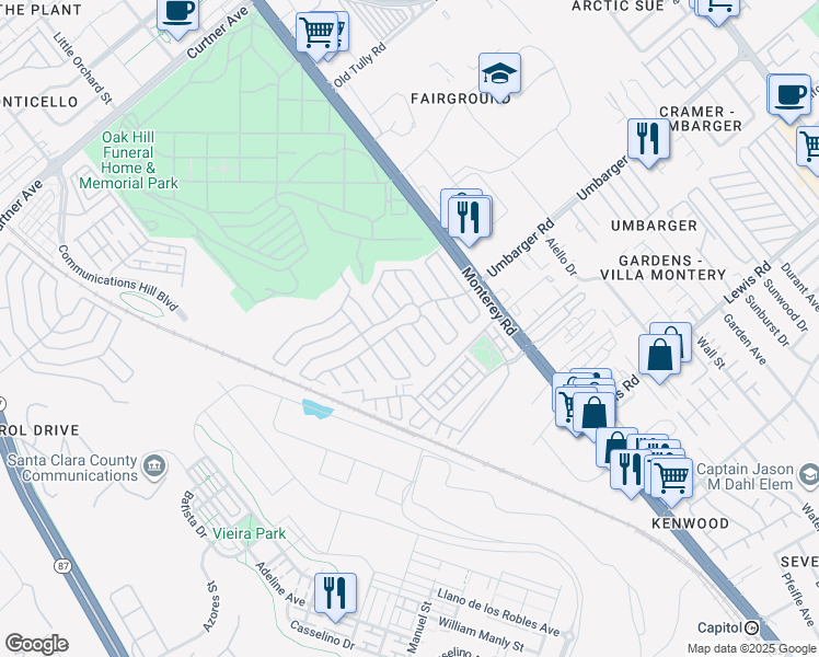 map of restaurants, bars, coffee shops, grocery stores, and more near 460 Chateau La Salle Drive in San Jose