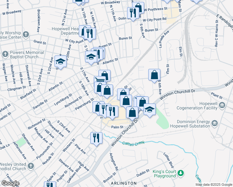 map of restaurants, bars, coffee shops, grocery stores, and more near 911 Elm Street in Hopewell