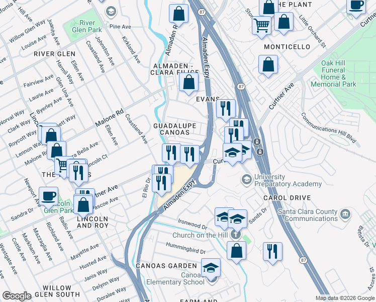 map of restaurants, bars, coffee shops, grocery stores, and more near 2248A Almaden Road in San Jose