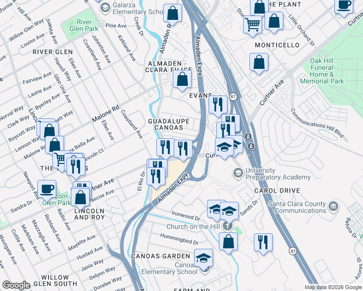 map of restaurants, bars, coffee shops, grocery stores, and more near 2252 Almaden Road in San Jose