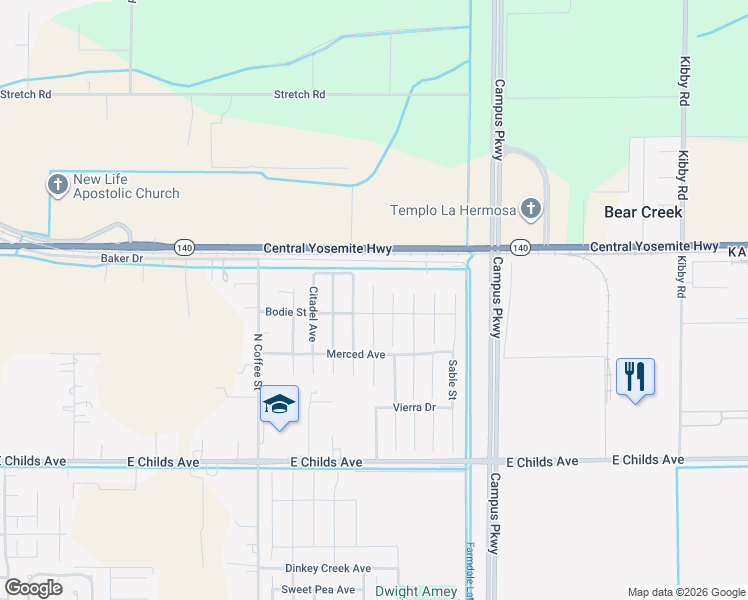 map of restaurants, bars, coffee shops, grocery stores, and more near 334 Arpent Court in Merced