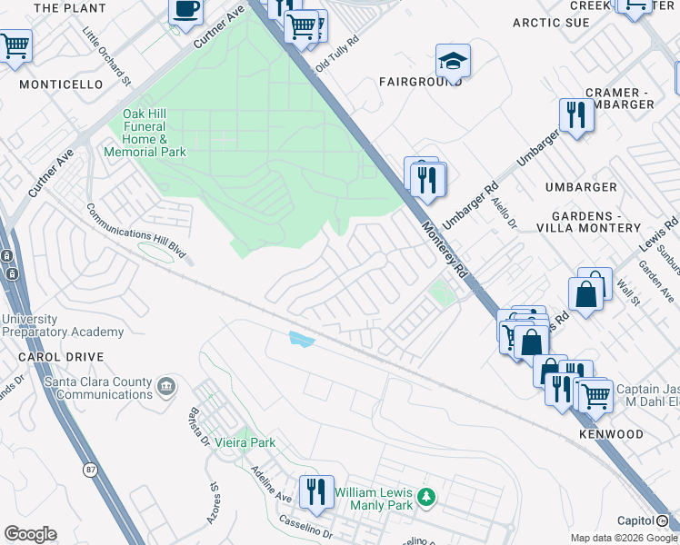 map of restaurants, bars, coffee shops, grocery stores, and more near 238 Chateau La Salle Drive in San Jose