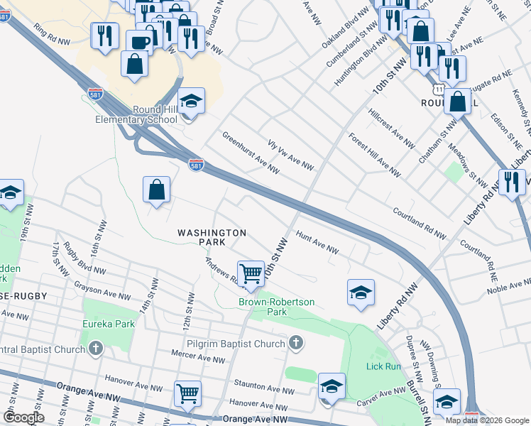 map of restaurants, bars, coffee shops, grocery stores, and more near 1040 Hunt Avenue Northwest in Roanoke