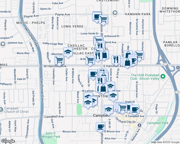 map of restaurants, bars, coffee shops, grocery stores, and more near 430 Dunster Drive in Campbell