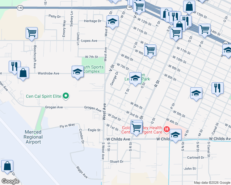 map of restaurants, bars, coffee shops, grocery stores, and more near 410 Lesher Drive in Merced