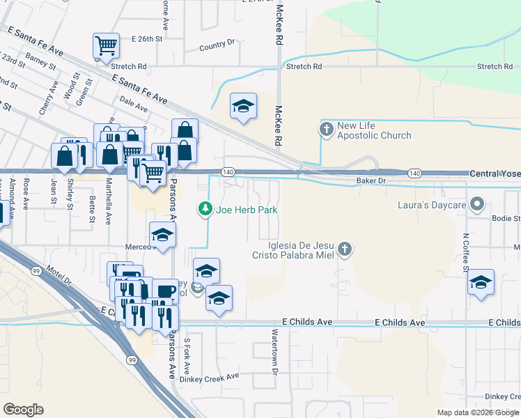 map of restaurants, bars, coffee shops, grocery stores, and more near 2240 Golden Oak Lane in Merced