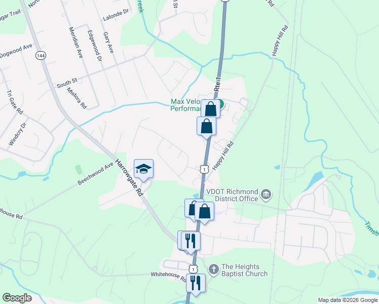 map of restaurants, bars, coffee shops, grocery stores, and more near 2712 Amherst Ridge Way in Colonial Heights