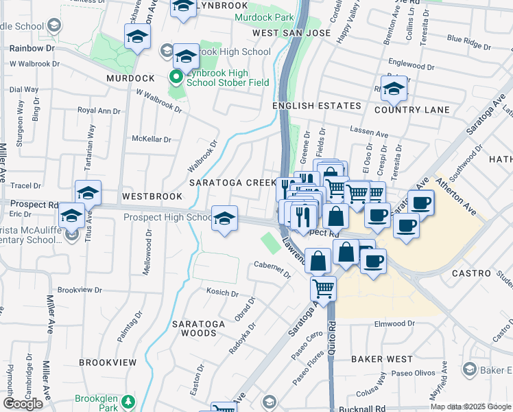 map of restaurants, bars, coffee shops, grocery stores, and more near 5450 Mayme Avenue in San Jose