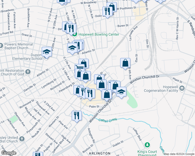 map of restaurants, bars, coffee shops, grocery stores, and more near 904 Elm Street in Hopewell