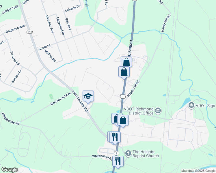 map of restaurants, bars, coffee shops, grocery stores, and more near 2801 Amherst Ridge Way in Colonial Heights