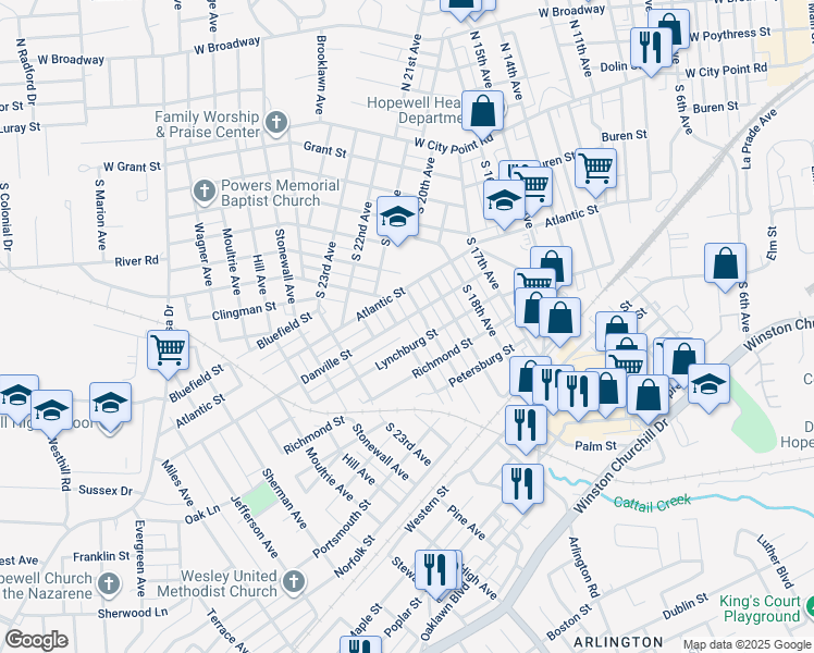 map of restaurants, bars, coffee shops, grocery stores, and more near 2006 Danville Street in Hopewell