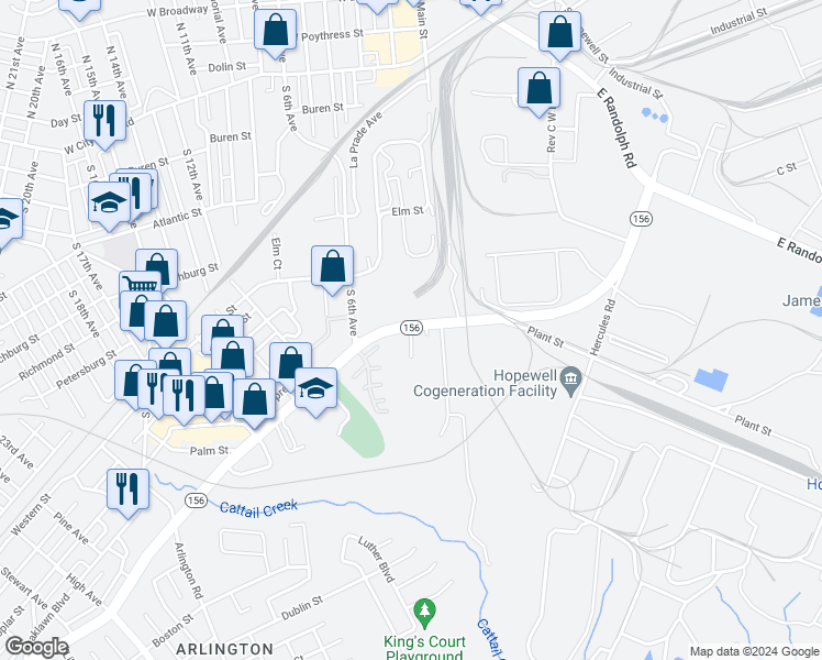 map of restaurants, bars, coffee shops, grocery stores, and more near 1108 South 2nd Avenue in Hopewell