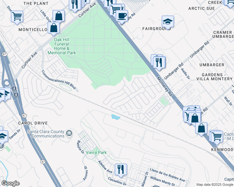 map of restaurants, bars, coffee shops, grocery stores, and more near 260 Chateau La Salle Drive in San Jose