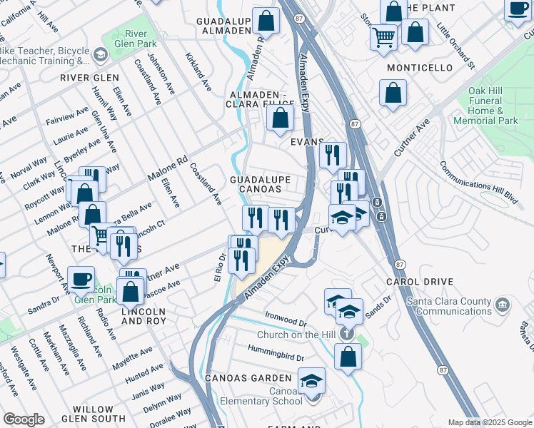 map of restaurants, bars, coffee shops, grocery stores, and more near 2266 Almaden Road in San Jose