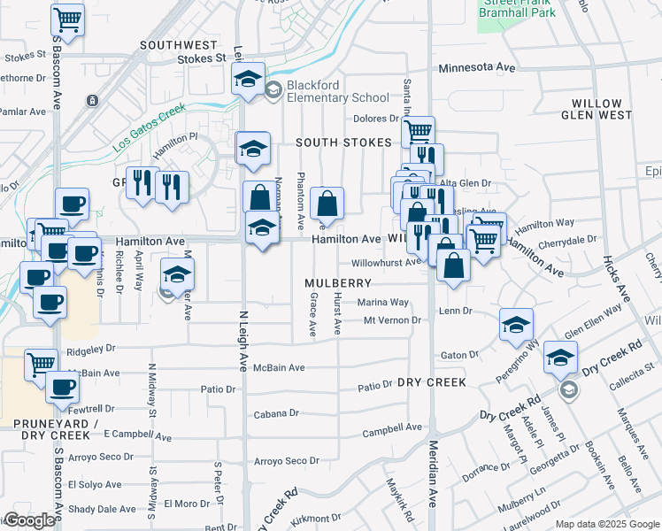 map of restaurants, bars, coffee shops, grocery stores, and more near 1657 Hurst Avenue in San Jose