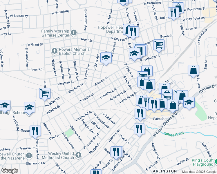 map of restaurants, bars, coffee shops, grocery stores, and more near 2006 Danville Street in Hopewell