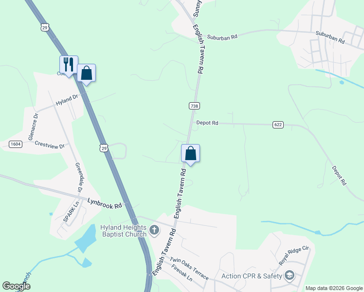 map of restaurants, bars, coffee shops, grocery stores, and more near 689 English Tavern Road in Rustburg