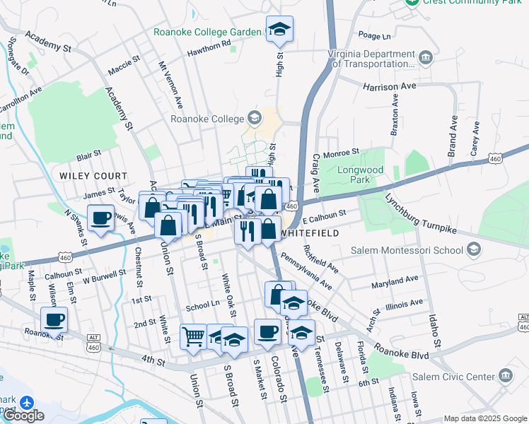 map of restaurants, bars, coffee shops, grocery stores, and more near 301 East Main Street in Salem
