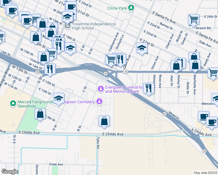 map of restaurants, bars, coffee shops, grocery stores, and more near 756 Crist Avenue in Merced
