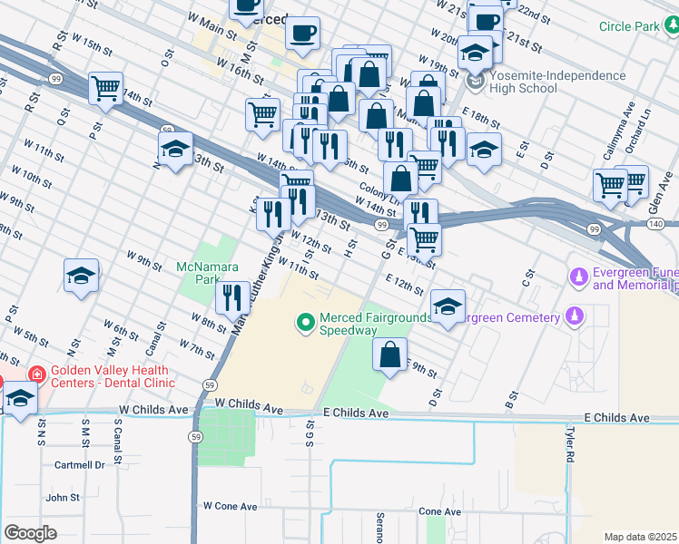 map of restaurants, bars, coffee shops, grocery stores, and more near 35 West 11th Street in Merced