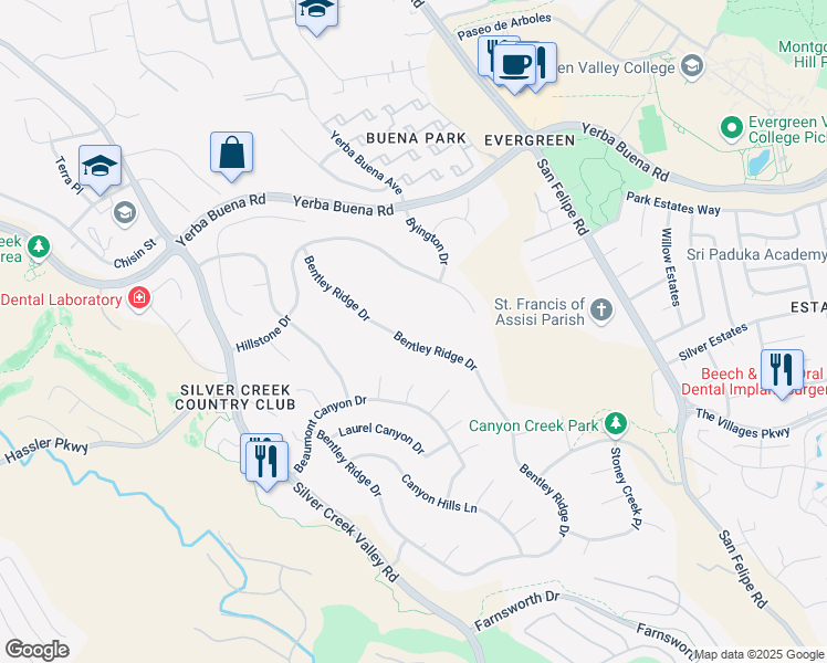 map of restaurants, bars, coffee shops, grocery stores, and more near 2222 Bentley Ridge Drive in San Jose